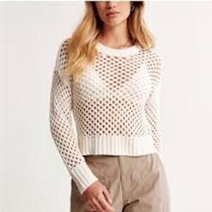 Abercrombie & Fitch Crochet Open Knit Pullover Crewneck Sweater Ivory Small